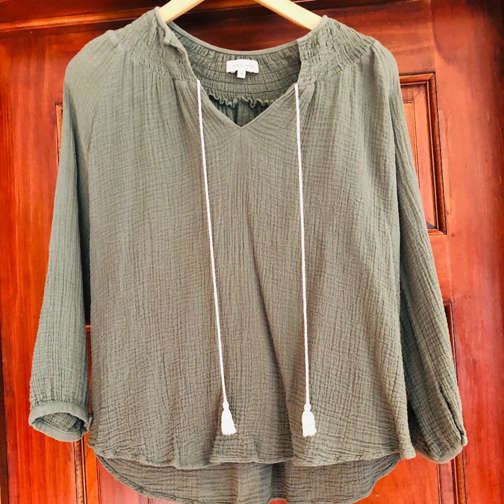 TYLHO XS Olive green Shirt with Tassels Bohemian 3/4 Sleeves Crepe Cotton